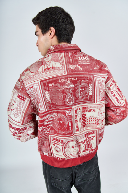 1990 World Currency Embroidered Leather Jacket (M)