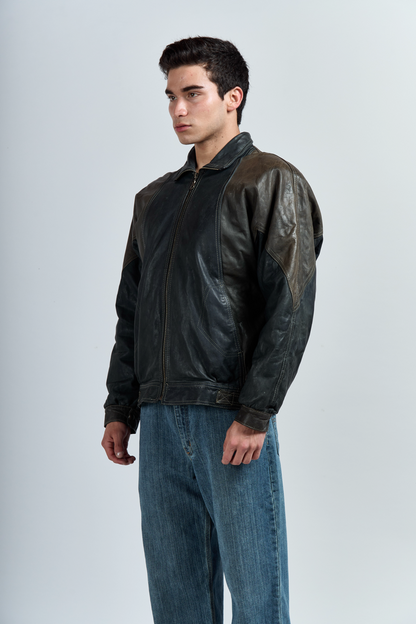 2000 Brahma Olive Green and Black Leather Bomber Jacket (M/L)