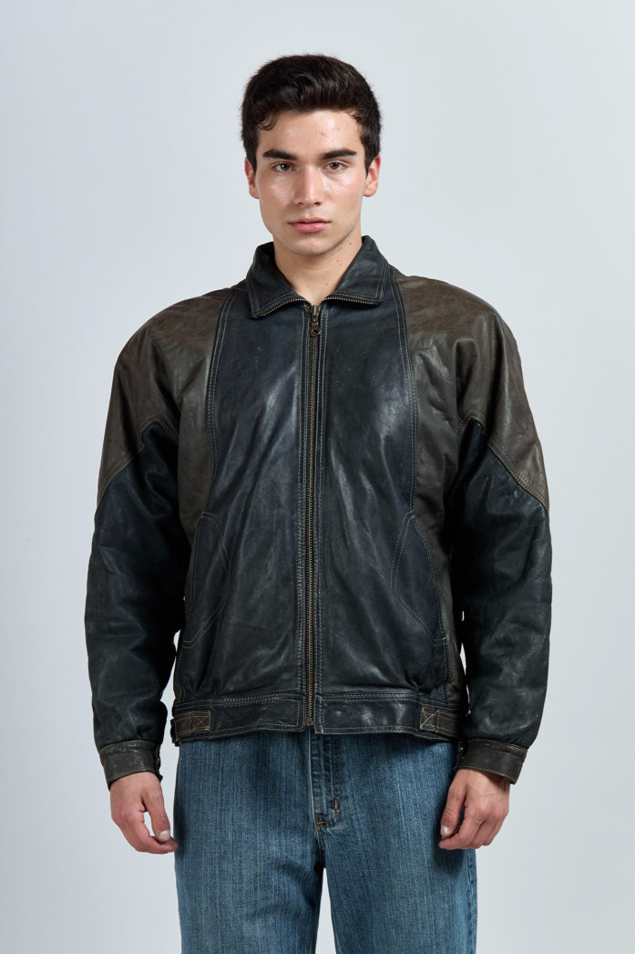 2000 Brahma Olive Green and Black Leather Bomber Jacket (M/L)