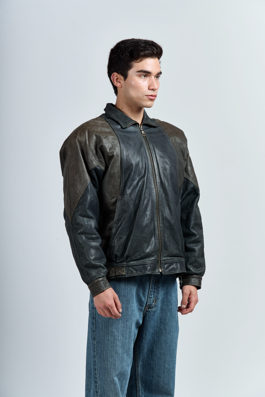 2000 Brahma Olive Green and Black Leather Bomber Jacket (M/L)