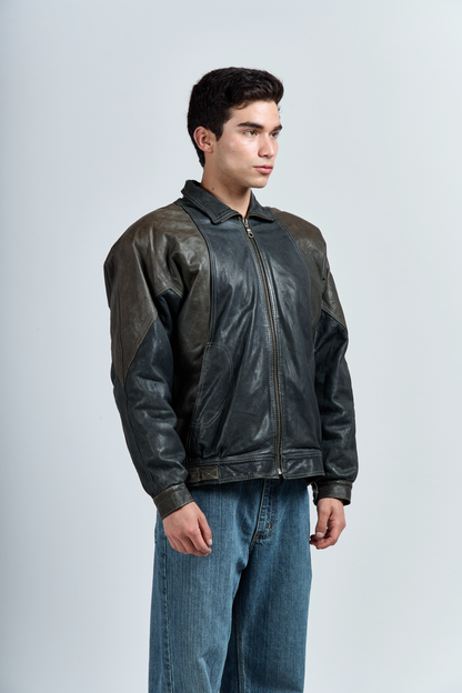 2000 Brahma Olive Green and Black Leather Bomber Jacket (M/L)