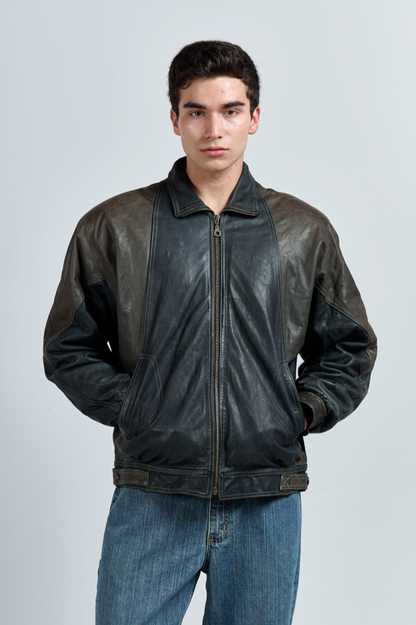 2000 Brahma Olive Green and Black Leather Bomber Jacket (M/L)