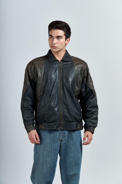 2000 Brahma Olive Green and Black Leather Bomber Jacket (M/L)