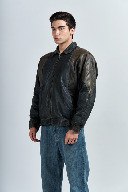 2000 Brahma Olive Green and Black Leather Bomber Jacket (M/L)