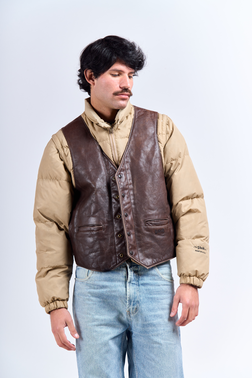 1990 Down by Schott Leather Puffer Convertible Jacket/Vest (S/M)