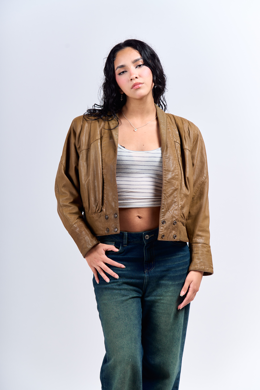 1990 Renzo Costa Khakhi Crop Bomber Jacket (XS)