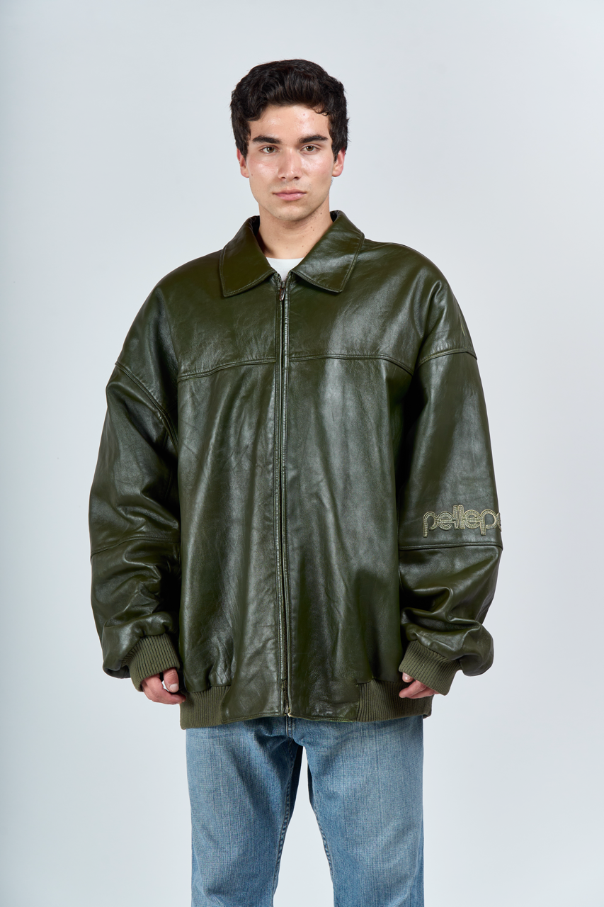 2000 Y2K Pelle Pelle Olive Green Leather Jacket (XL/XXL)