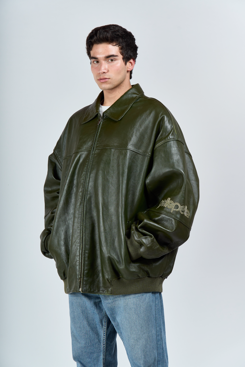 2000 Y2K Pelle Pelle Olive Green Leather Jacket (XL/XXL)