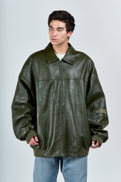 2000 Y2K Pelle Pelle Olive Green Leather Jacket (XL/XXL)