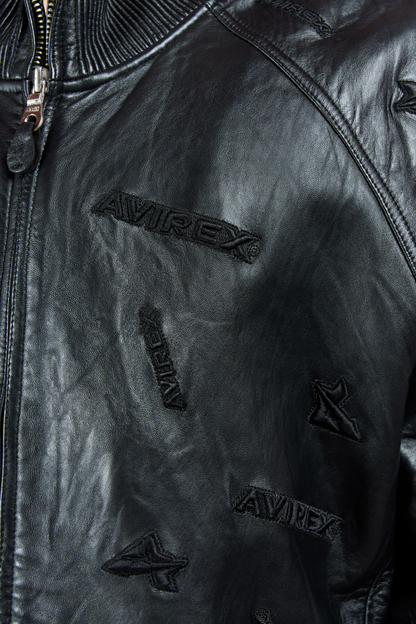 2000 Y2K Avirex Full Avirex Logo Black Leather Jacket (XL)