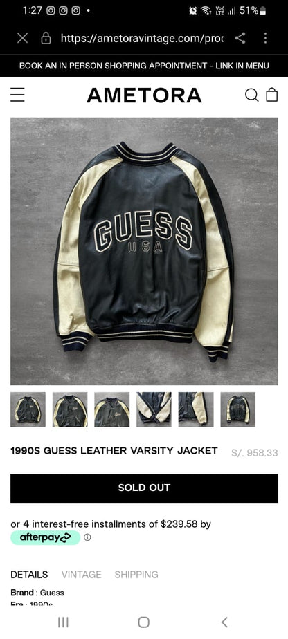 1990 Guess USA Leather Varsity Jacket (L/XL)